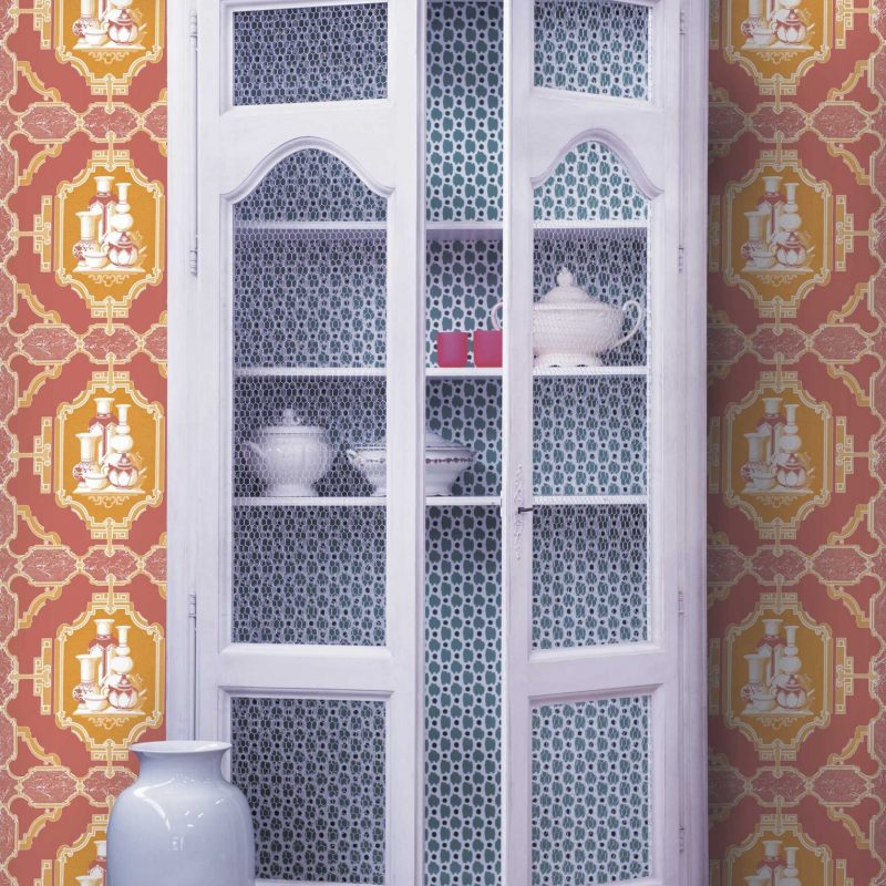 Papel pintado Porcelanas naranja colección Librería Gastón y Daniela singular papel tejido no tejido decoración casa dormitorio baño cocina