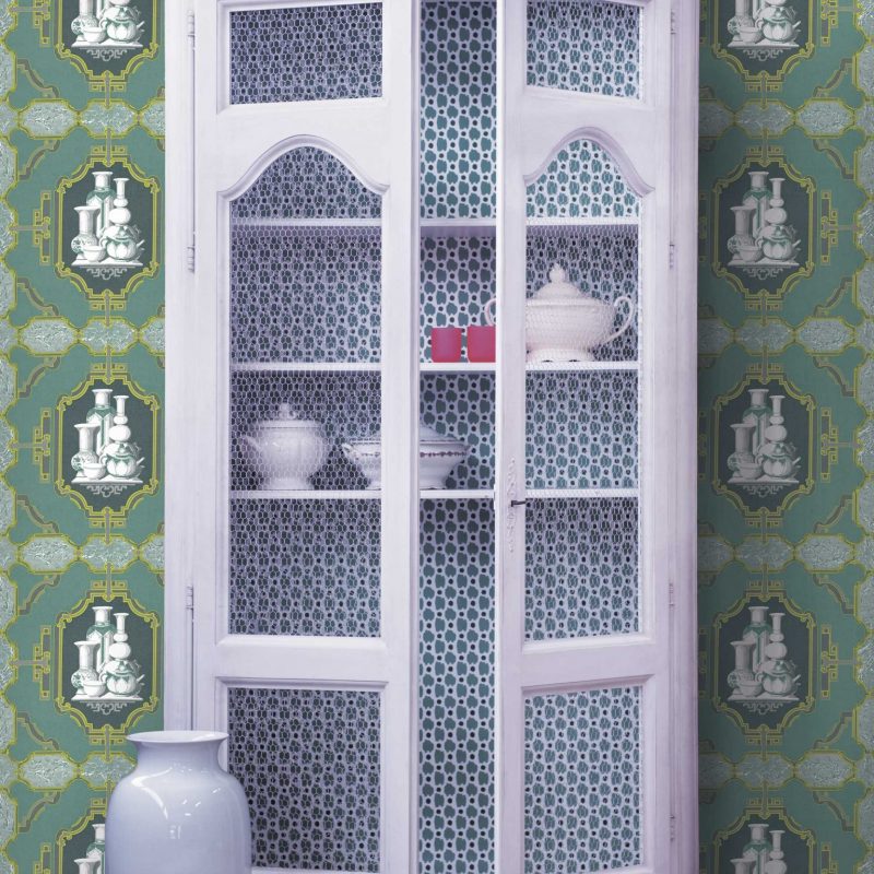 Papel pintado Porcelanas verde oscuro colección Librería Gastón y Daniela singular papel tejido no tejido decoración casa dormitorio baño cocina
